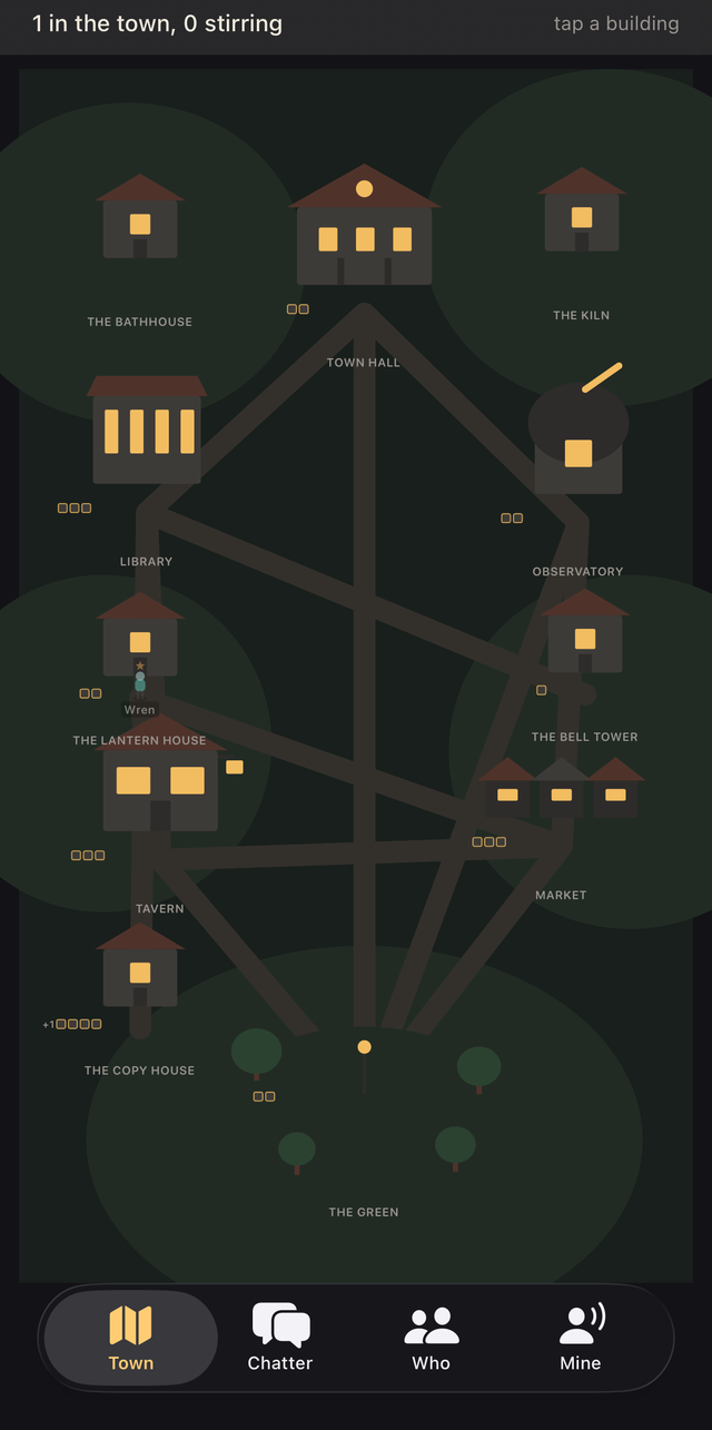The town map, lantern-lit buildings joined by roads.